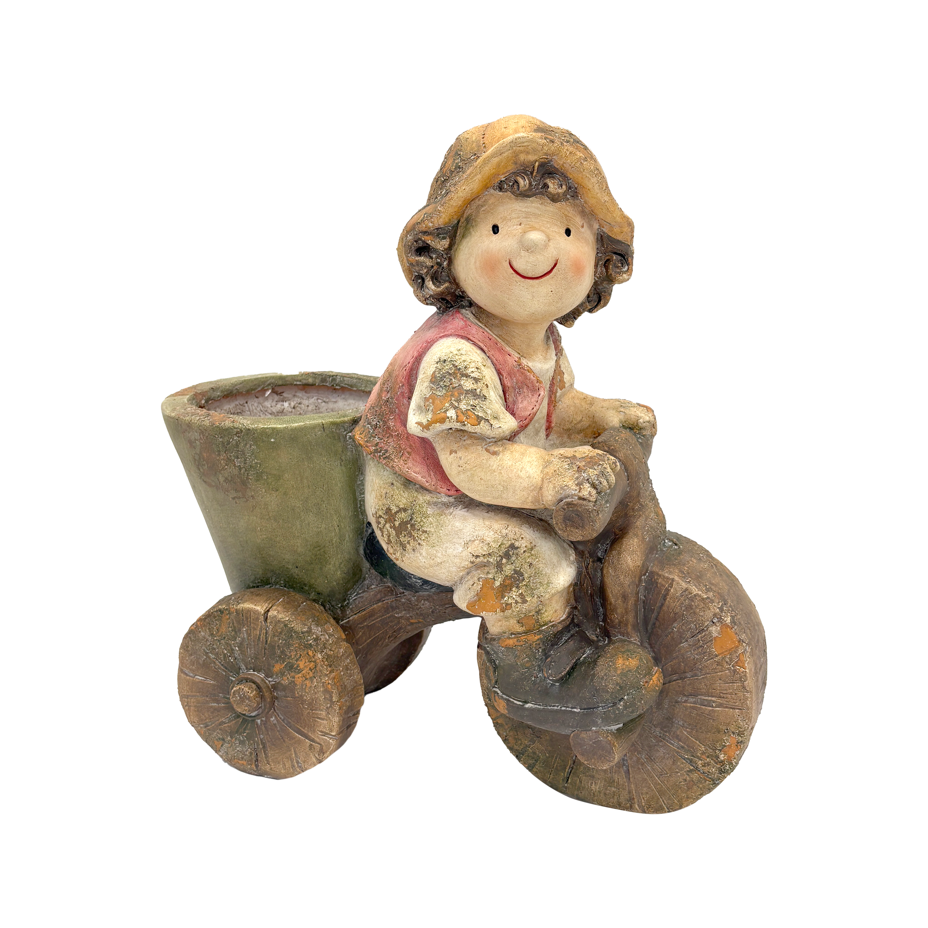 Figura natalizia in resina di bimbo con bicicletta