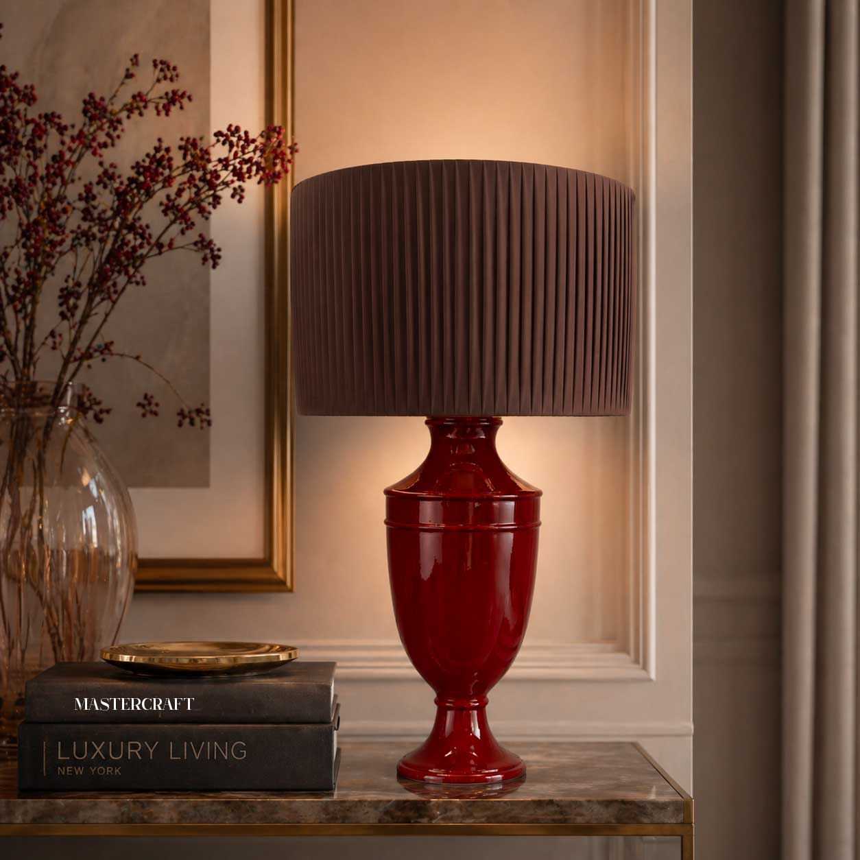 Base lampada impero bordeaux h 52x20 cm in ceramica