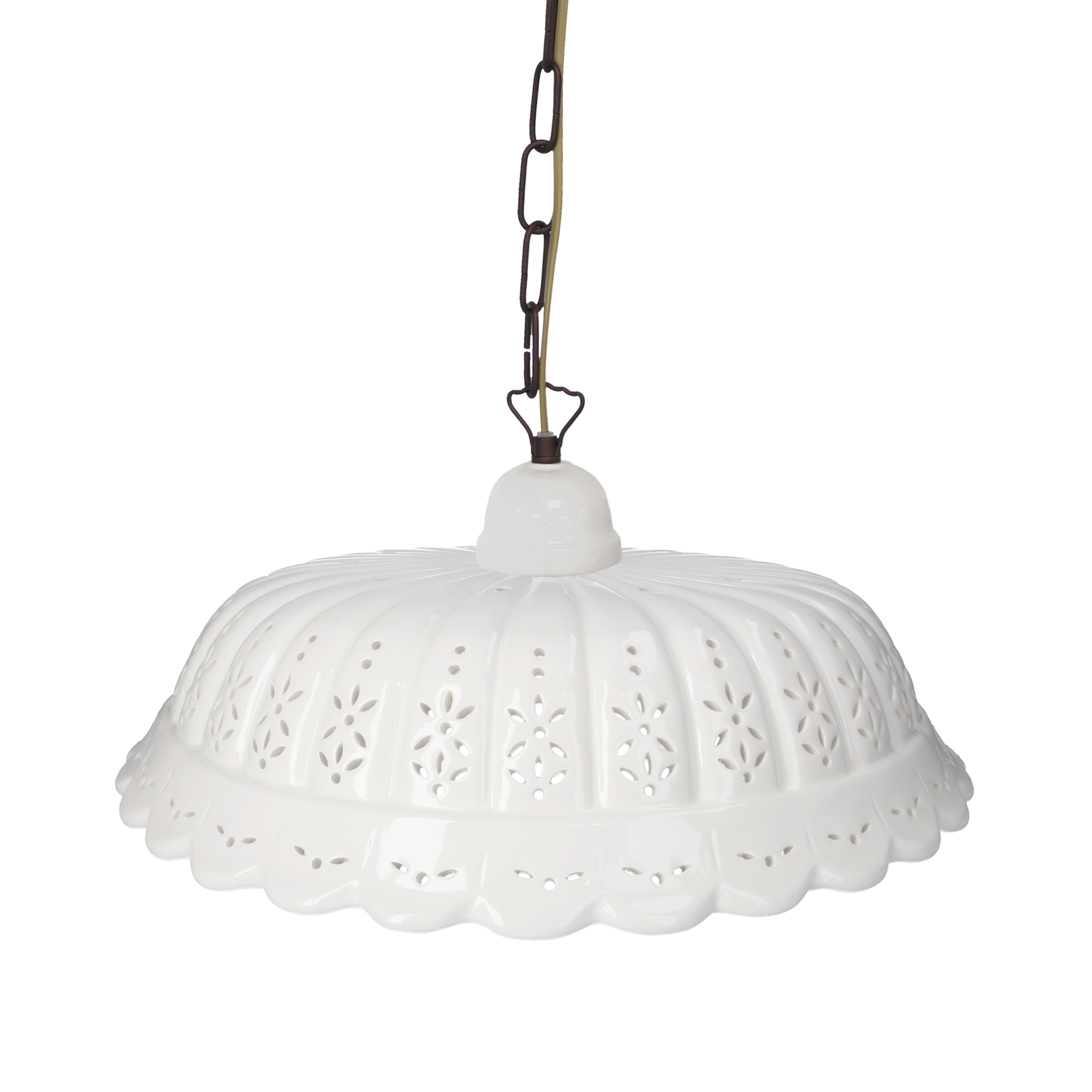 Lampadario cupola smerlata traforata cm 42 con catena ottone