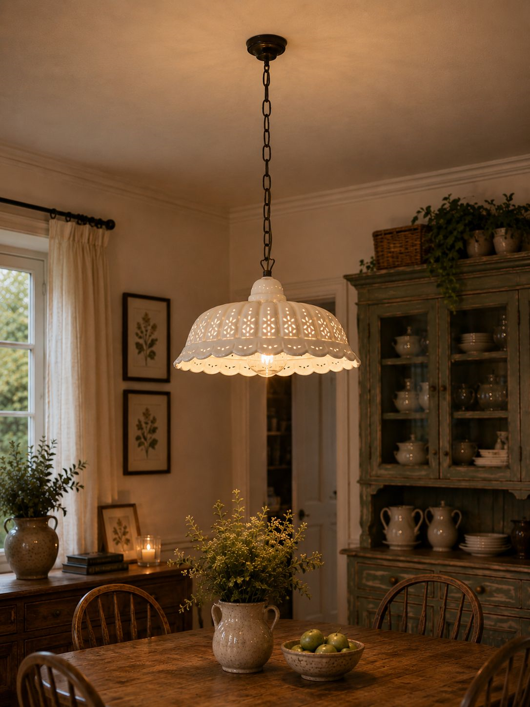 Lampadario cupola smerlata traforata cm 42 con catena ottone