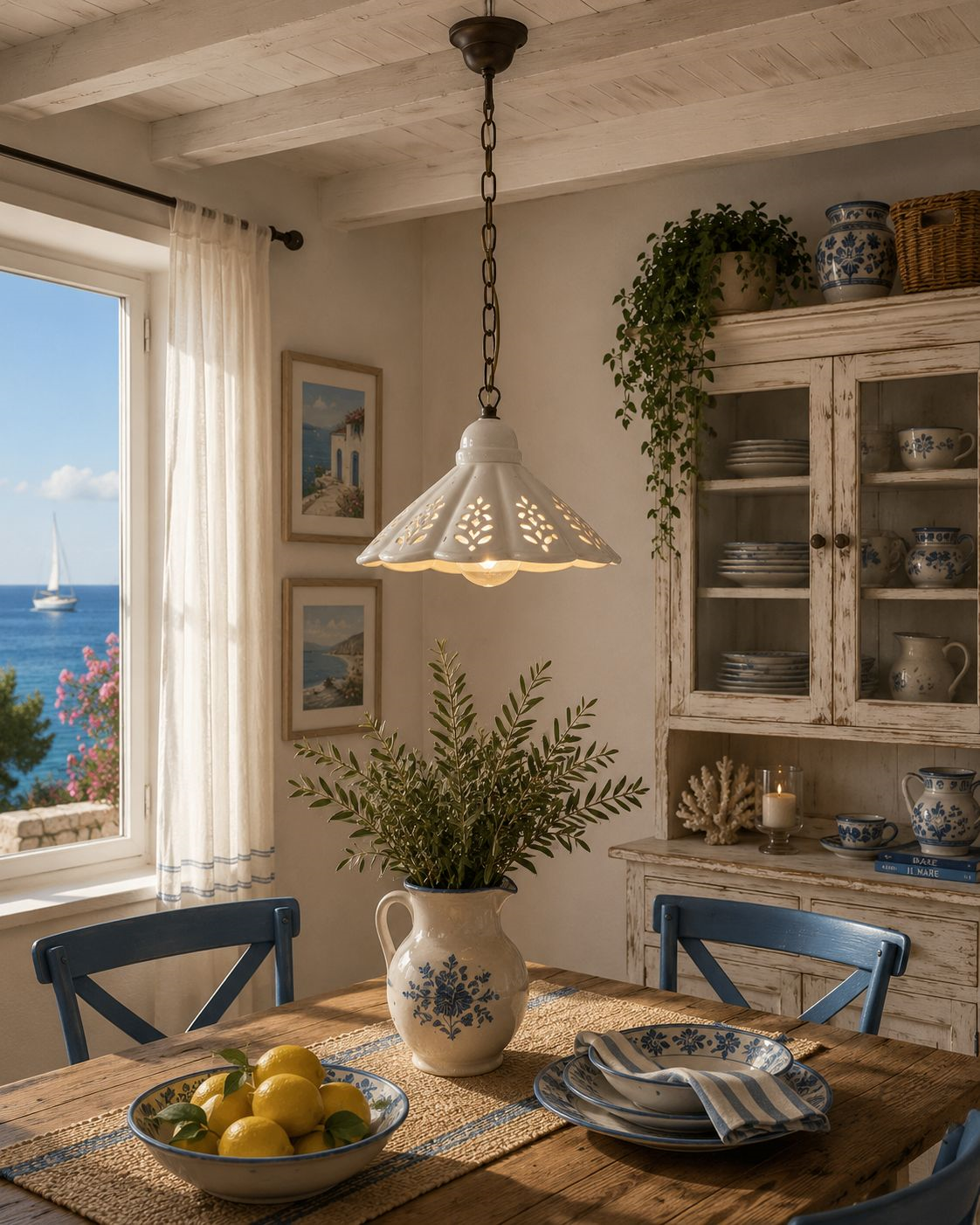 Lampadario fazzoletto ceramica traforata d 30 cm con catena