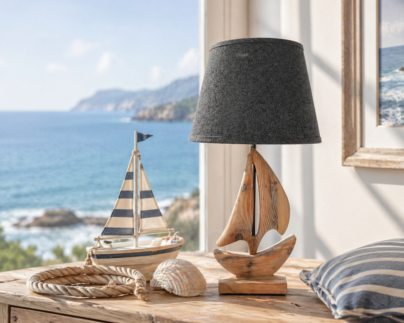 Lampada barchetta con paralume color antracite h 58 d 28 cm