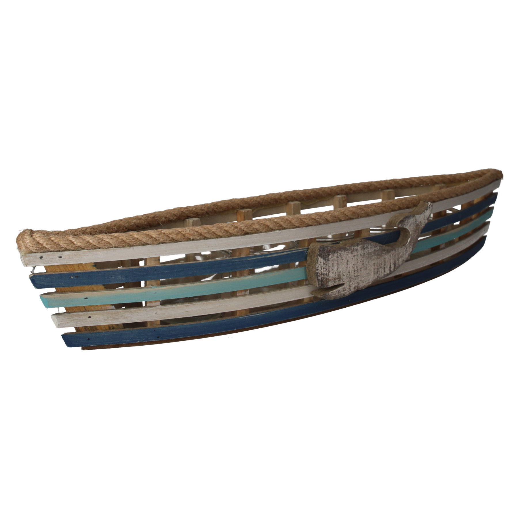 Scialuppa portacandela balena in legno bianco e azzurro 53x9 h cm