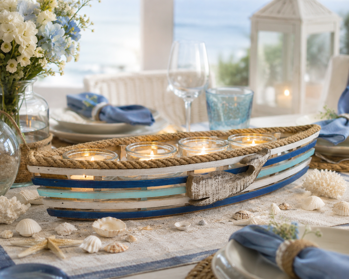 Scialuppa portacandela balena in legno bianco e azzurro 53x9 h cm