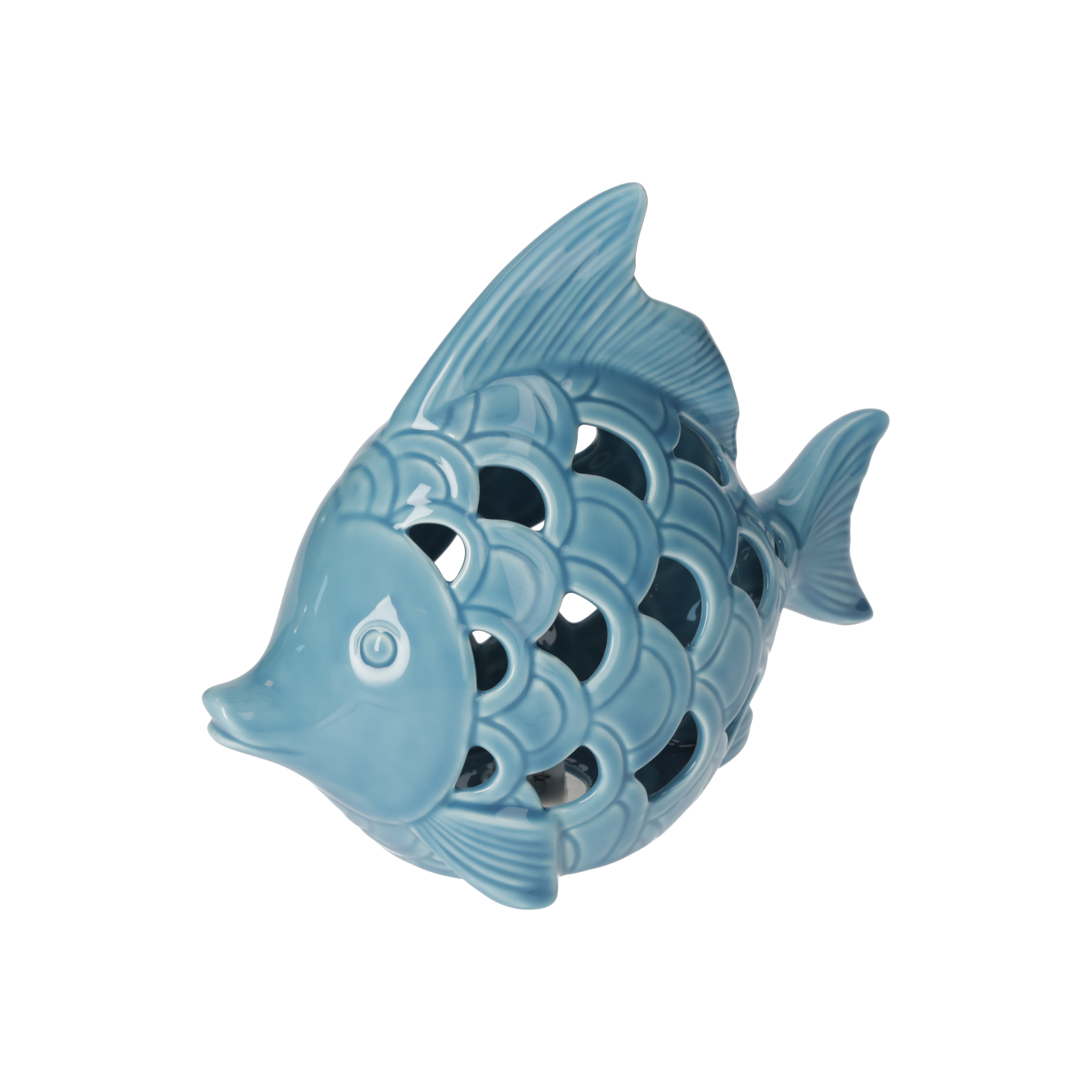 Pesce decorativo luminoso in ceramica azzurra Altezza cm 20