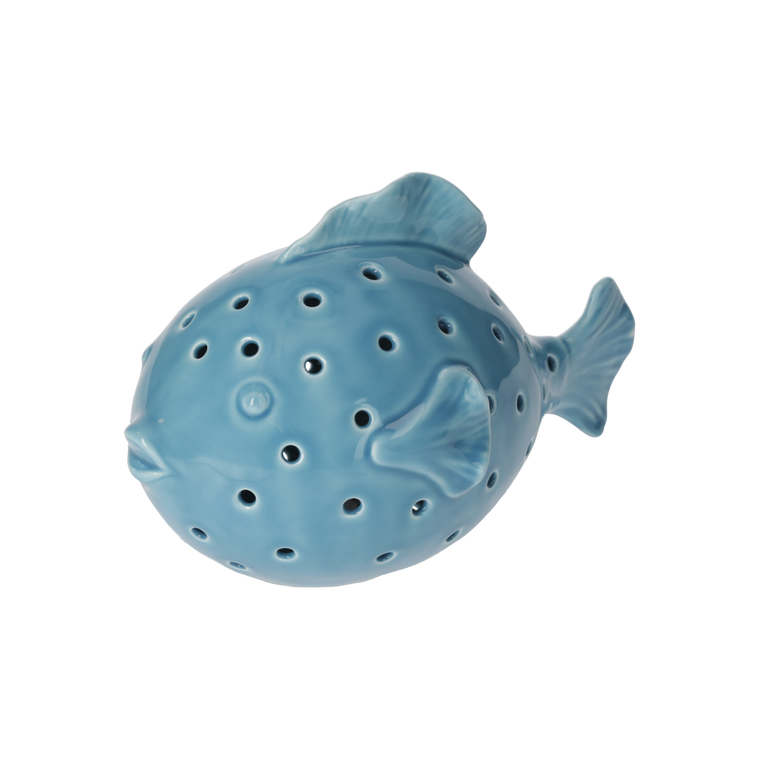 Pesce palla decorativo ceramica azzurro H15x23x14