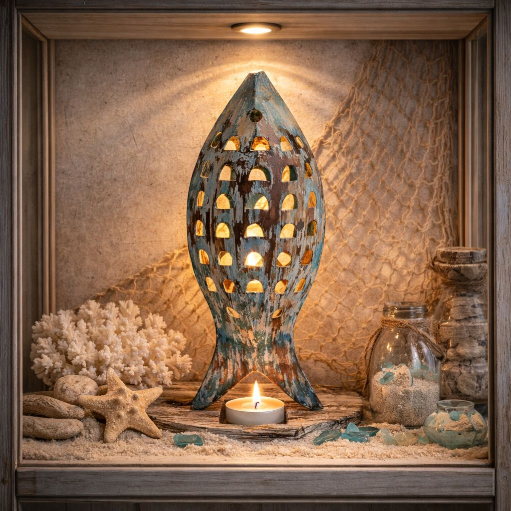 Pesce portacandela in ferro stile marino decorativo