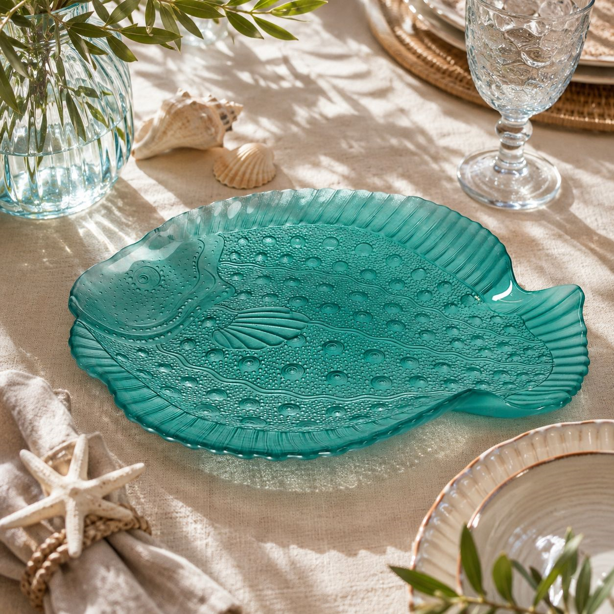 Piatto pesce rombo verde in vetro 40 x 36 cm
