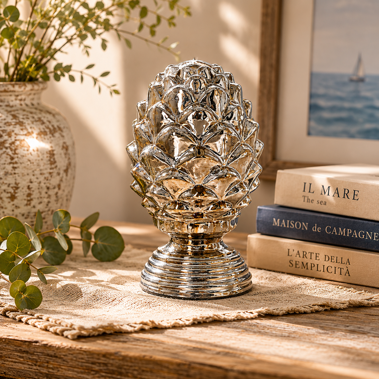 Pigna decorativa in vetro gold/silver h 26 x 16 cm