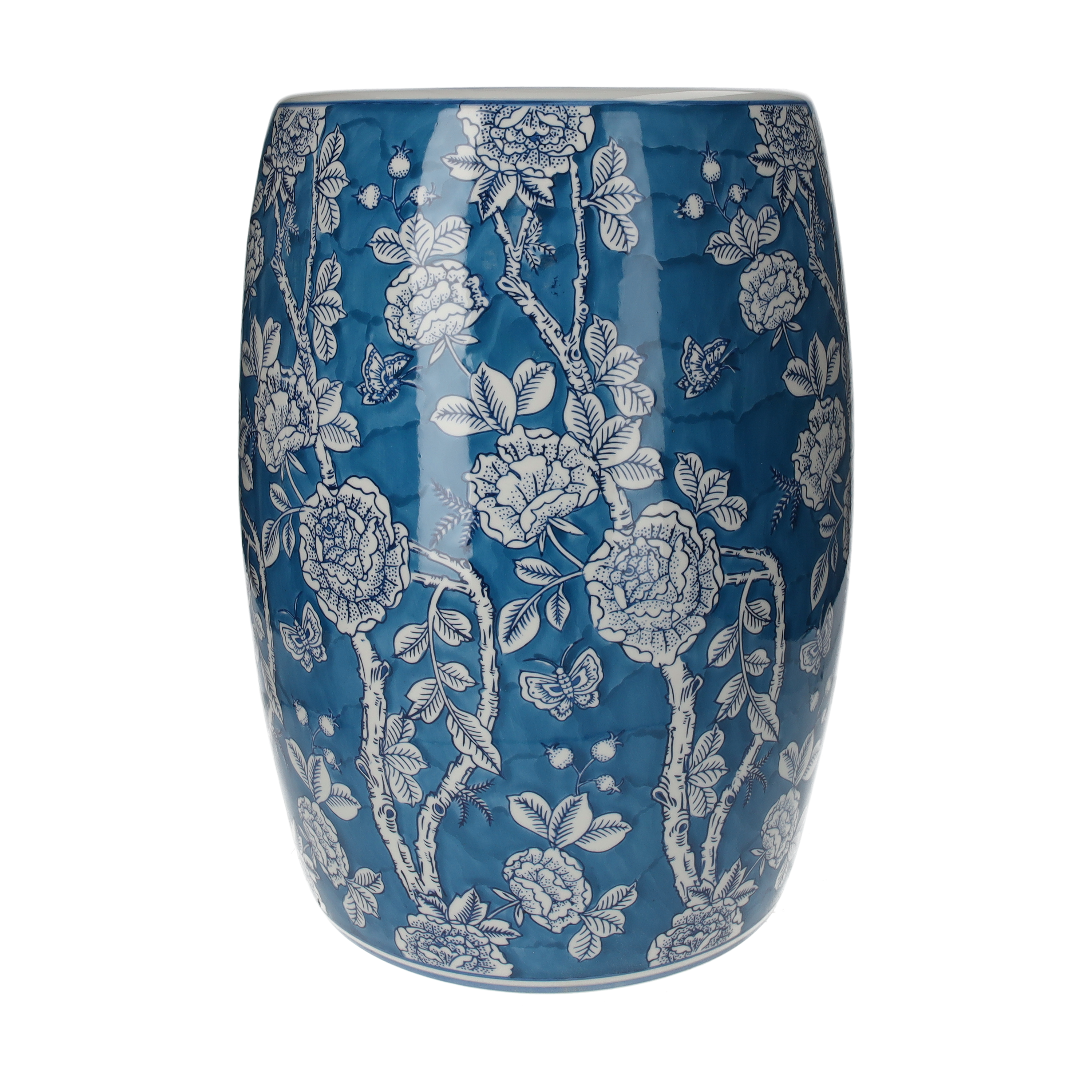 Pouf in porcellana blu con decori bianchi h 45 x Ø 28 cm