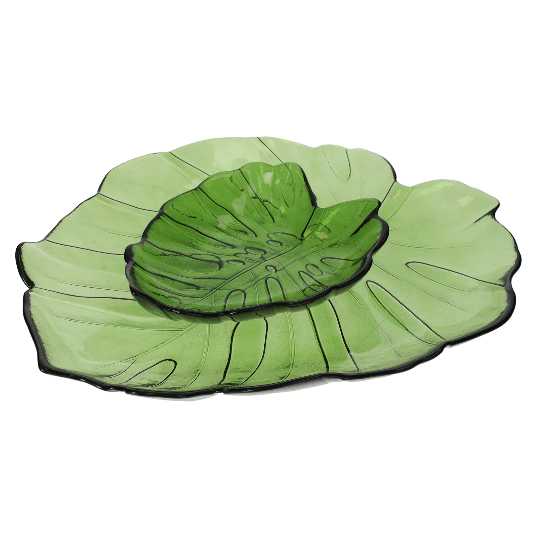 Set 2 foglie g 35x31 p 20x17 cm in vetro verde trasparente