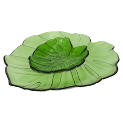 Set 2 foglie g 35x31 p 20x17 cm in vetro verde trasparente