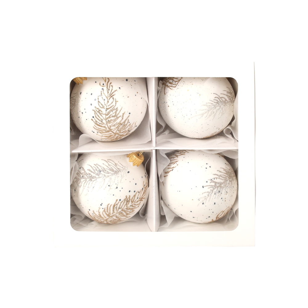 Set 4 palline natalizie in vetro bianche con piuma Ø 8 cm
