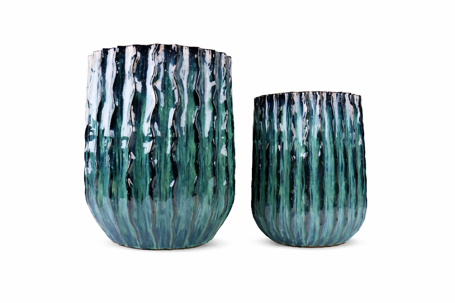 Set 2 vasi rigati blu in terracotta Ø 46 x 54 h cm