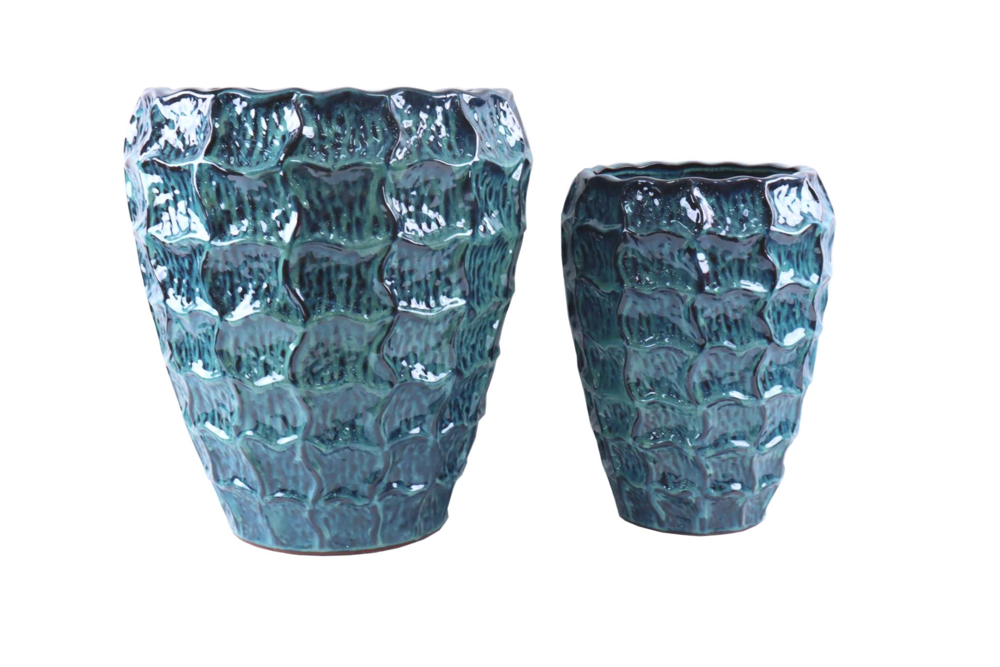 Set 2 vasi bugnati blu in terracotta Ø 48 x 53 h cm