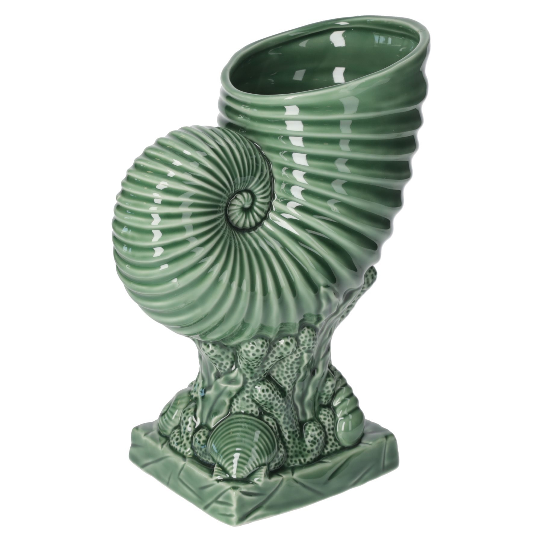 Vaso Nautilus verde in ceramica h 29x20x12 cm