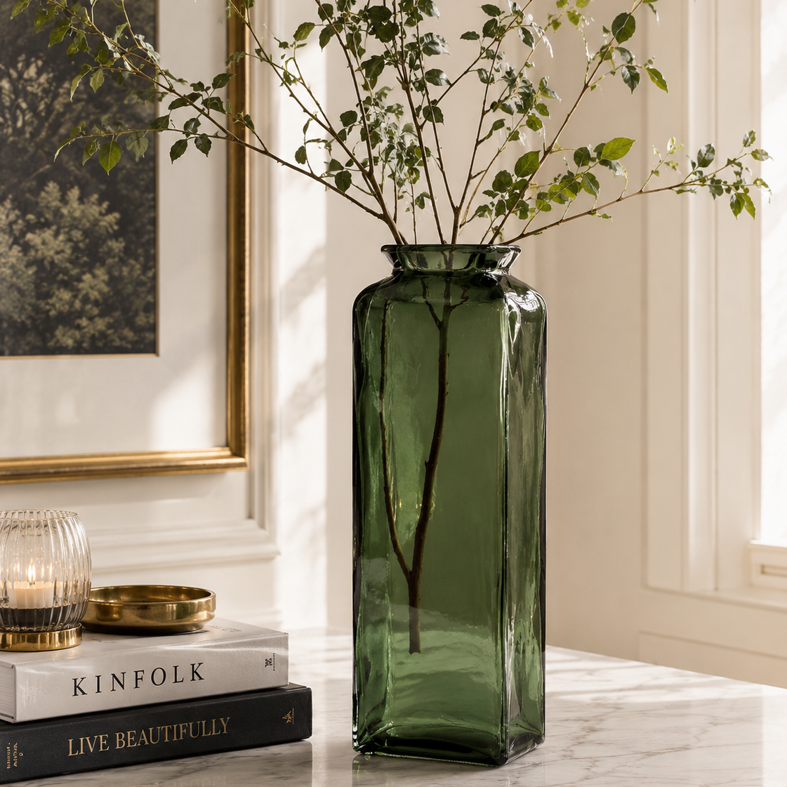 Vaso rettangolare verde trasparente in vetro h 45x14 cm