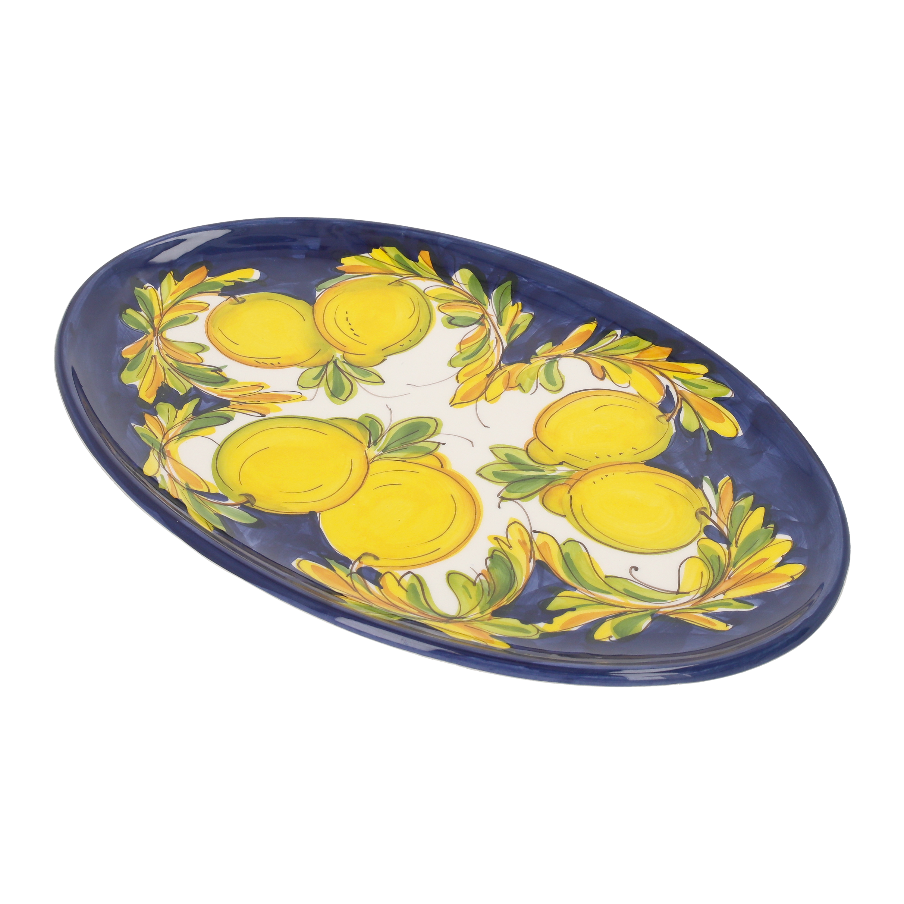Vassoio ovale in ceramica con limoni decorati , l.36 x d 25 cm