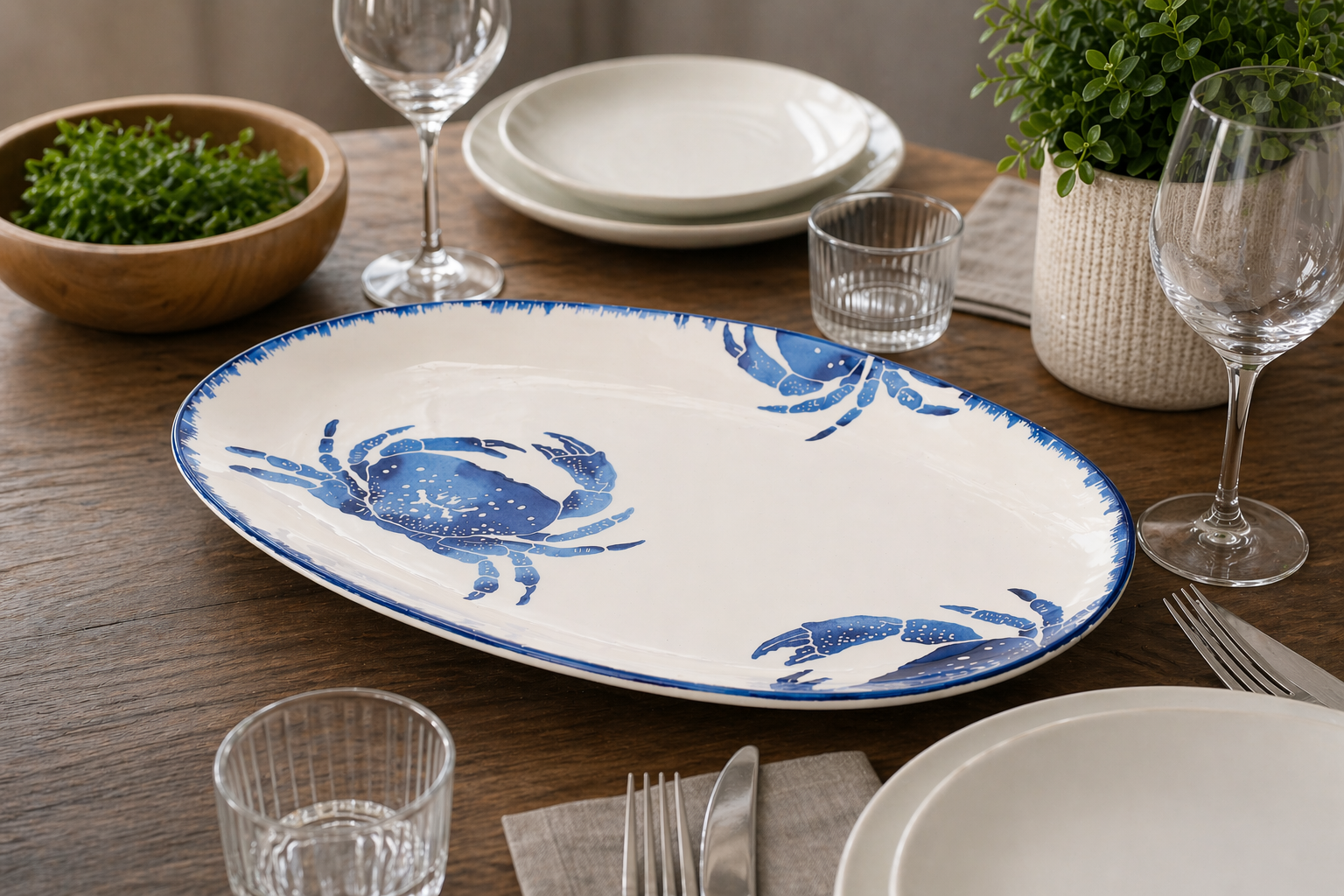 Vassoio ovale da portata in ceramica decoro granchio