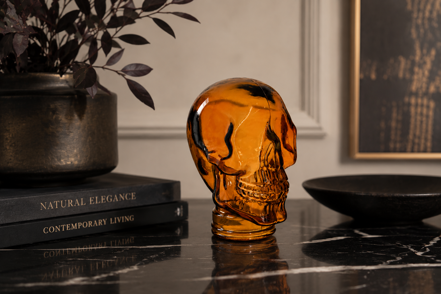 Teschio decorativo vetro riciclato arancio H27x19x15