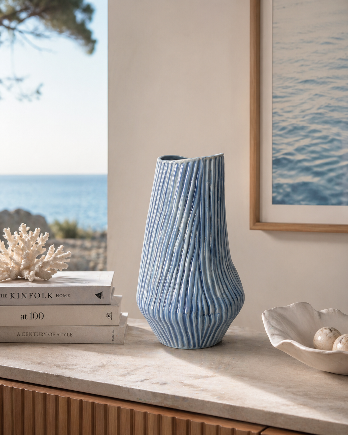 Vaso a coste azzurro in ceramica h 36 d 19 cm