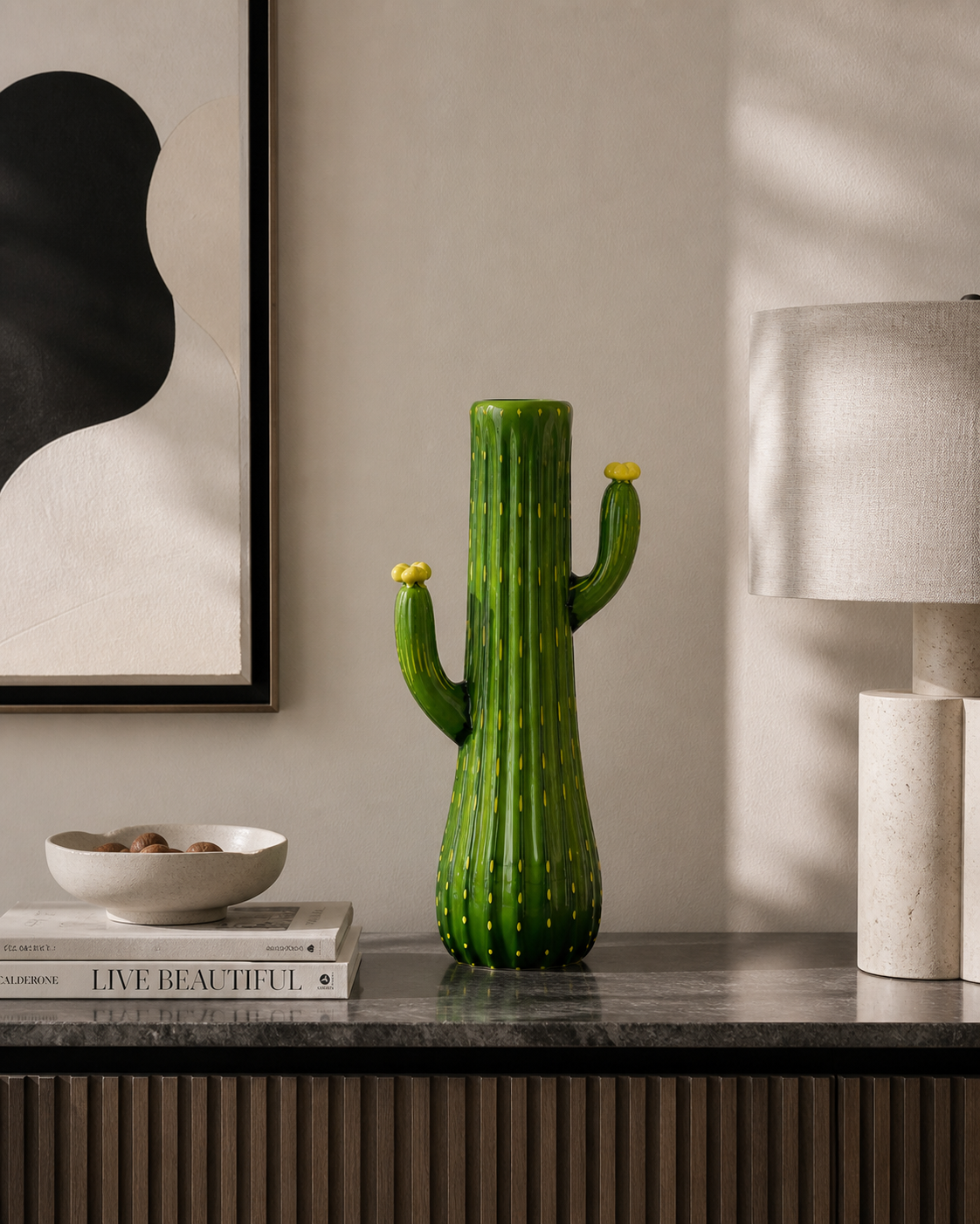 Cactus decorativo in vetro verde esterno giallo interno 19x11x37 H cm