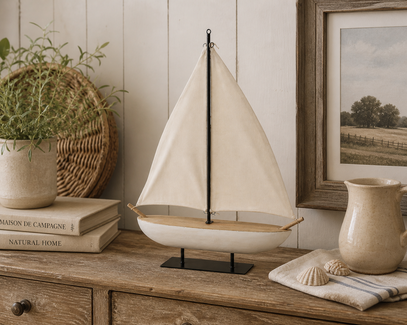 Barca decorativa a due vele in legno h 65x62 cm